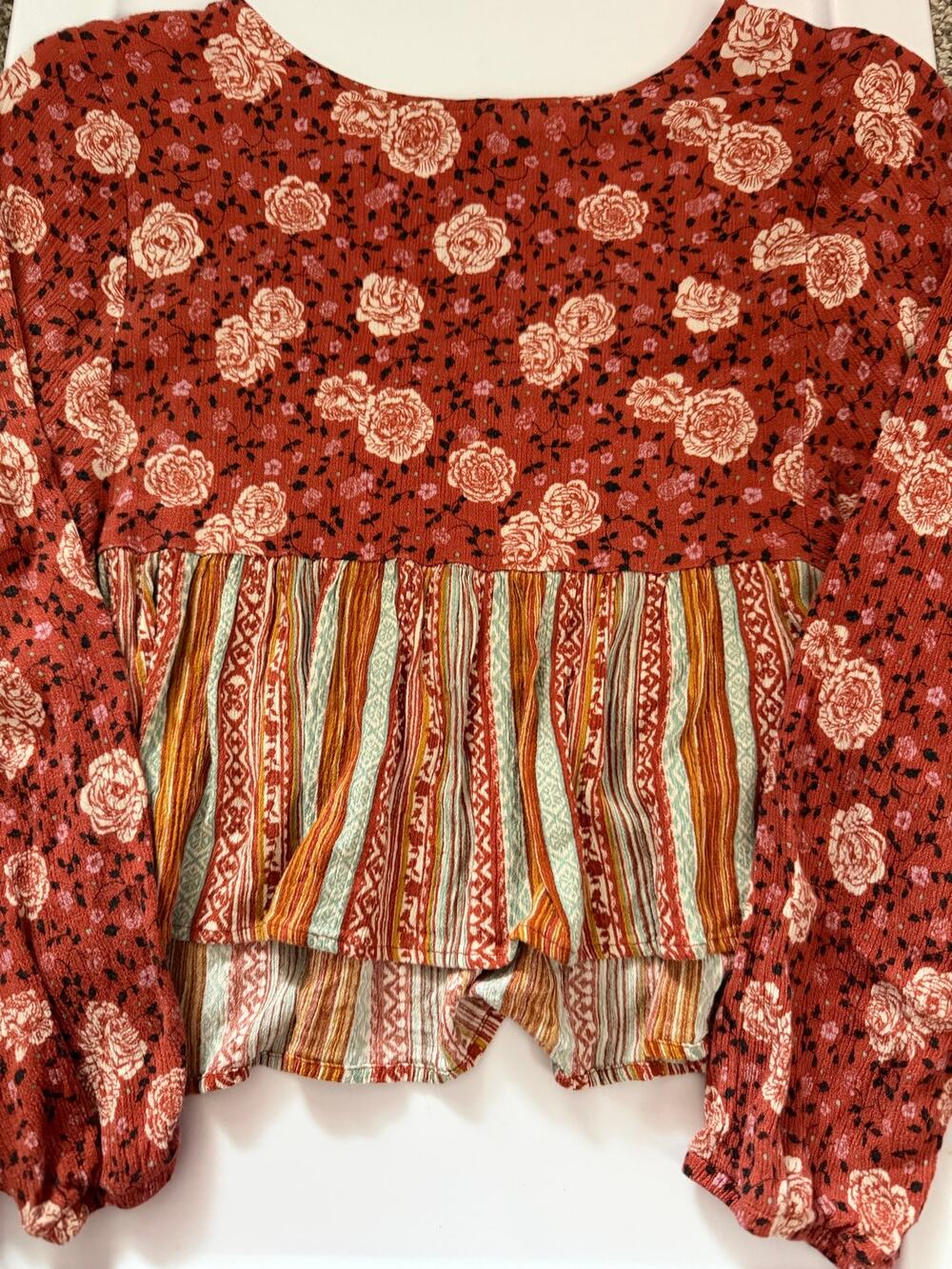 Jolt Womens Top Large L Boho Floral Rose Stripe Tiered Peplum Long Sleeve